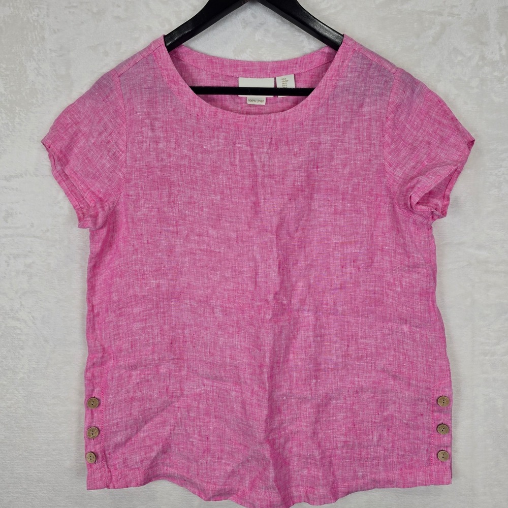 Cynthia Rowley Pink 100% Linen Short Sleeve Button Detail Top Womens Small